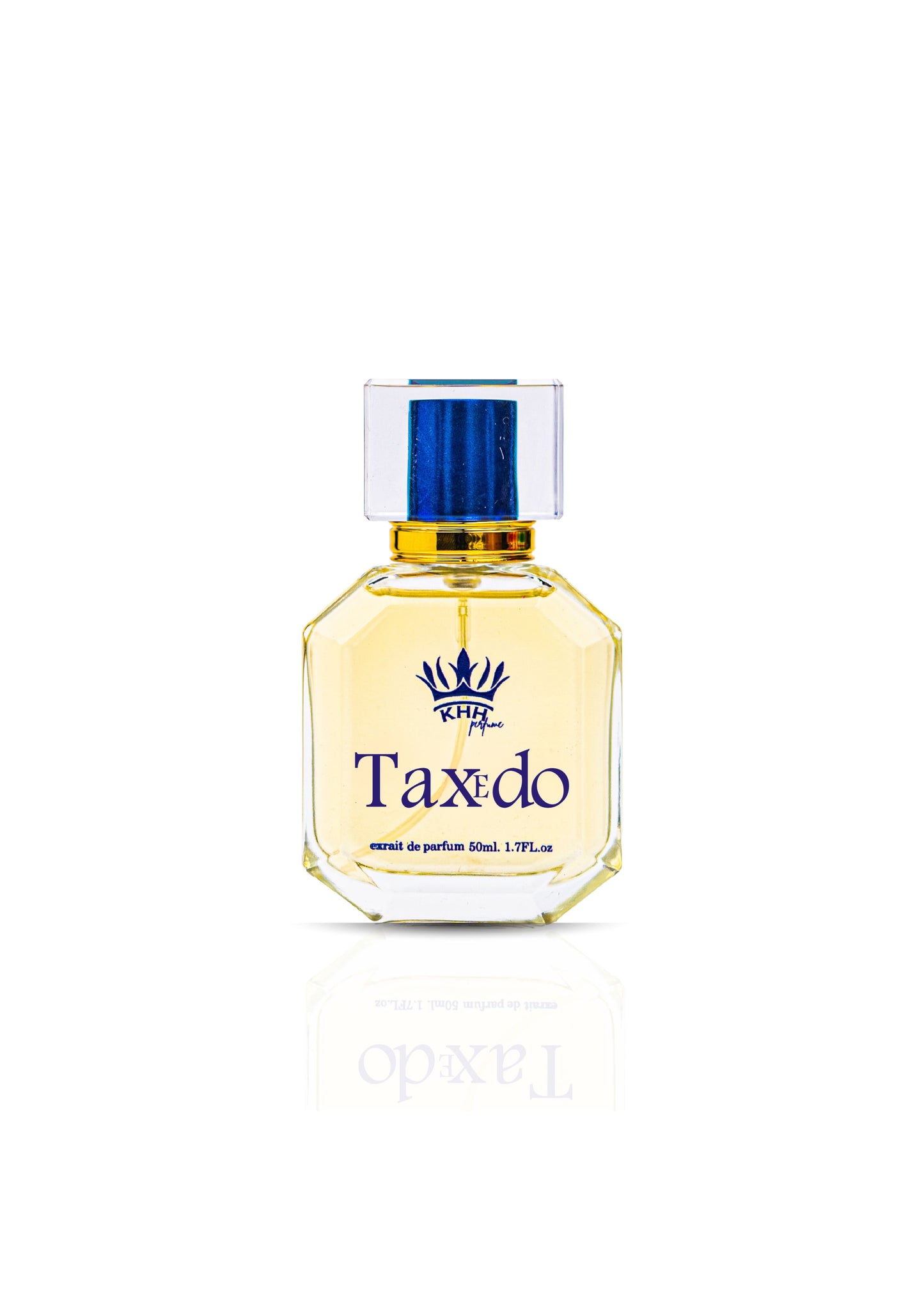 A bottle of 'Taxedo' fragrance with a yellow liquid inside, featuring a blue cap and labeled with the brand name and the word 'Parfum'.