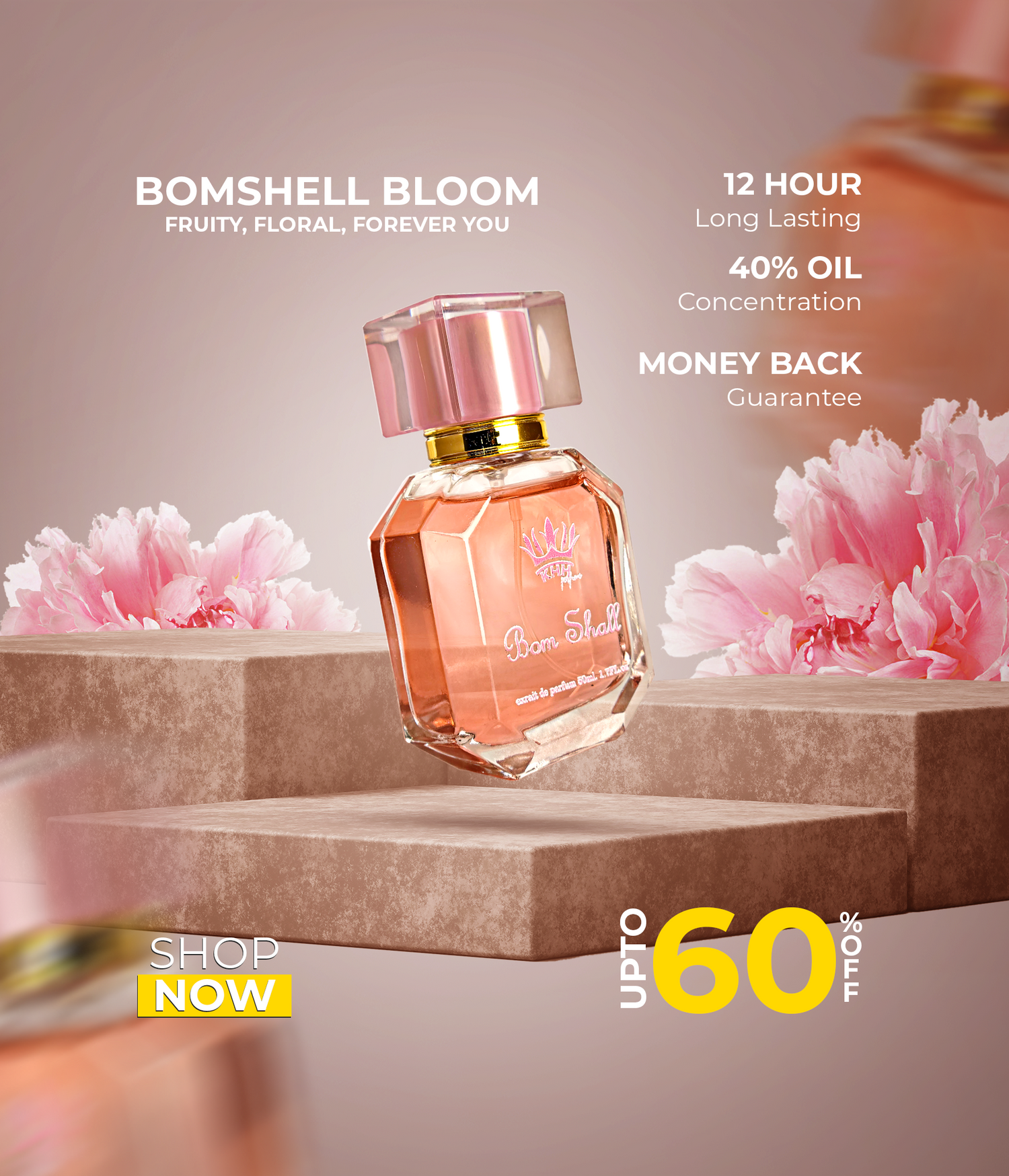 Perfume bottle with pink flowers and promotional text on a beige background
